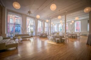 Corporate Event Space is an elegant 4,000 sq. ft. Daylight Studio with 14-foot ceilings, 16 east and south facing windows, and 2 working kitchens. The event space rental is perfect for film and photo shoots, corporate and culinary events, private parties marriages and more.